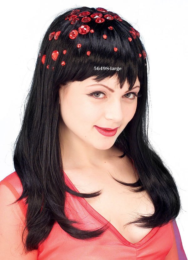 Black Bejeweled Wig with Ruby Red Gemstones